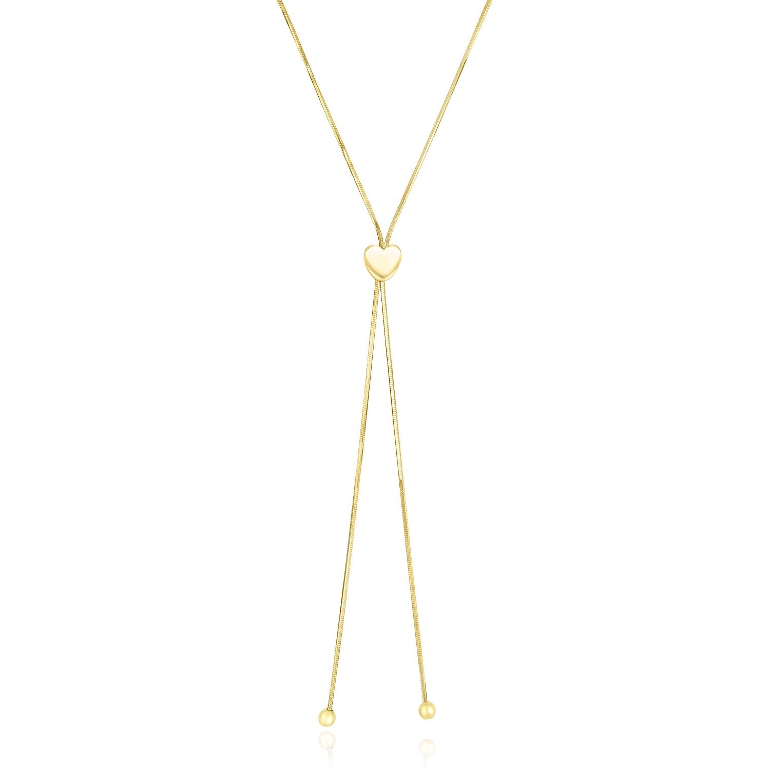14k Yellow Gold Adjustable Heart Style Lariat Necklace in a sleek high-contrast midnight luxury editorial style